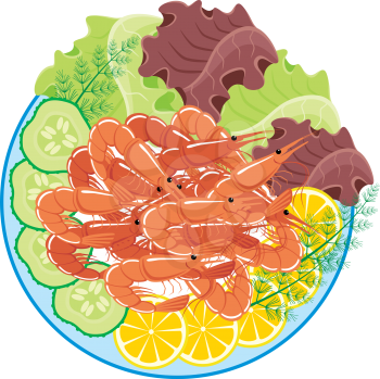Royalty Free Clipart Image of Shrimp and Vegetables on a Plate