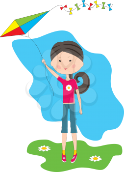 Royalty Free Clipart Image of a Girl Flying a Kite