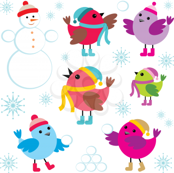 Royalty Free Clipart Image of Winter Birds and Snowmen