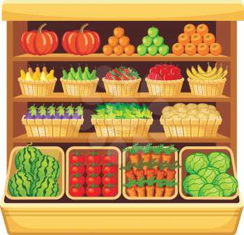 Image of shelves in a supermarket with fruits and vegetables.