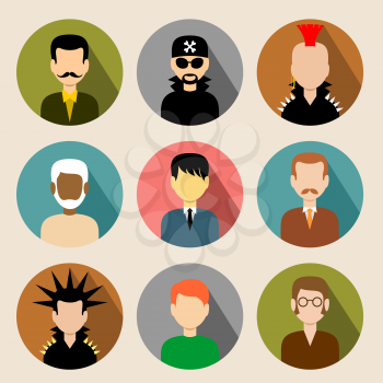 Image of flat round icons with men of different species. Vector illustration