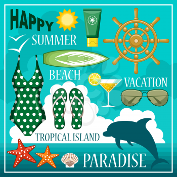 Image of a set of icons for a beach theme and travel.