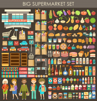 Image consisting of a set of products, people, and building a supermarket