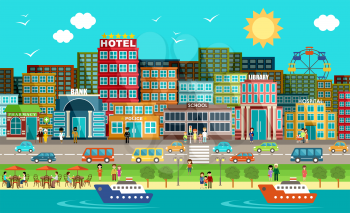 City and people in the style of flat design. Vector illustration