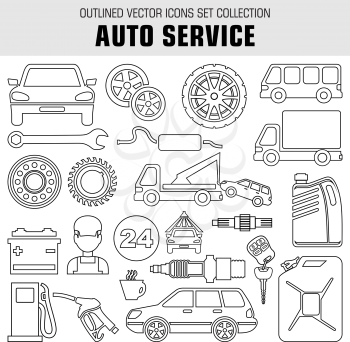 Image set of outline icons on the theme of autoservice, gas stations, tire