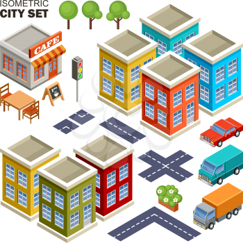 Image isometric city set, transport and road on the white background.Vector illustration