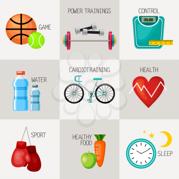 Healthy lifestyle concept icons set.  Sports equipment. Vector illustration