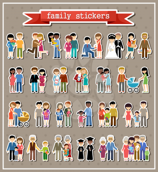 Stickers of family life in style flat design. Parents, children, grandmothers and grandfathers. Vector illustration
