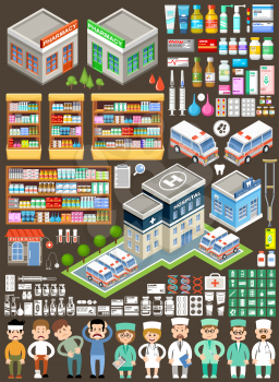 Big medical set. Drugs, hospital, ambulance car, doctors, pharmacy. Vector illustration