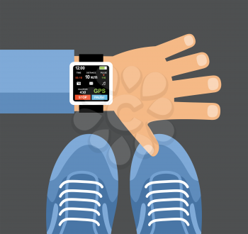 Fitness tracker app for smartwatch and smartphone. Smartwatch on a wrist. Vector
