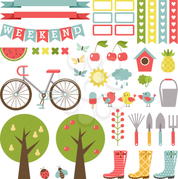 Cute gardening set. Stickers. Gumboots, bicycle and fruit-trees. Vector