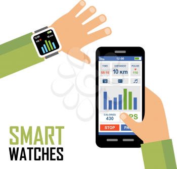 Smartwatch on a wrist. Fitness tracker application. Vector
