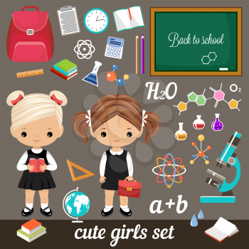 Cute vector schoolgirls and set school supplies. Vector illustration
