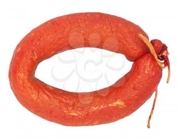 Tasty sausage is curtailed by a ring lies on a white background 