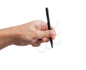 black pen in hand on white background