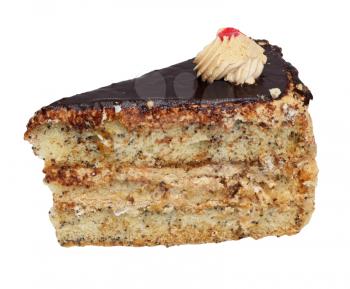 Slice of cream cake with chocolate on the white background 