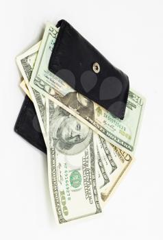 leather black wallet with ten and hundred dollars 