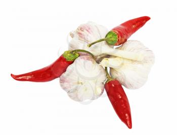 red chili pepper with garlic on white 