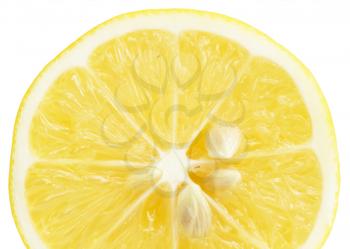 Single cross section of lemon. Isolated on white background. Close-up. Studio photography. 