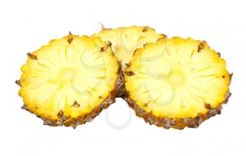 three ananas slices, isolated on white background, with light shadow 