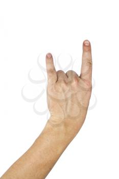 A man's hand giving the Rock and Roll sign. 