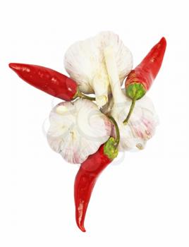red chili pepper with garlic on white 