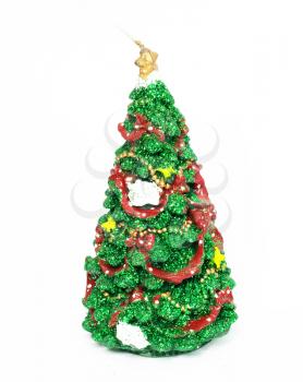 Image of Christmas fir tree decorated with red and golden toy balls 
