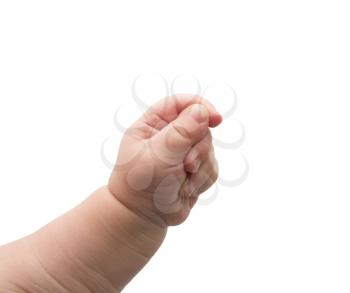 new born baby hand on white fabric background 