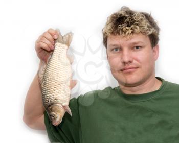 a man with a fish on a white background