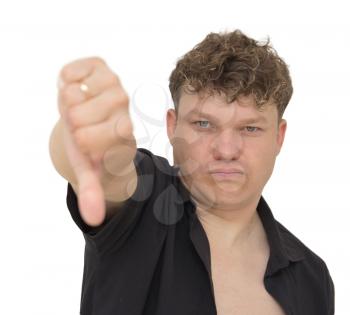 man showing thumb down on white background