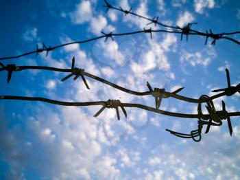 Barbed wire against the sky with clouds .