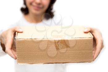 girl with a box on a white background