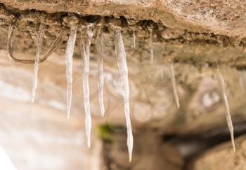 ice icicles on concrete in nature