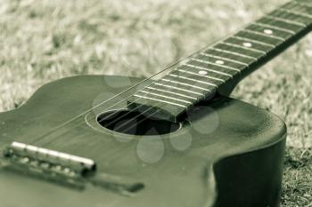 Guitar lying on the grass on the nature