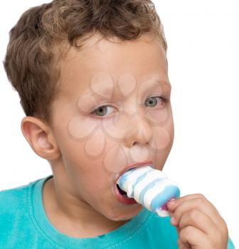 boy eating ice cream on a white background