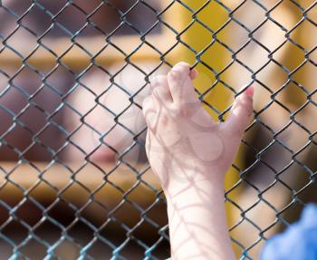 Child's hand on a grid of a metal fence .