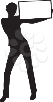 Royalty Free Clipart Image of a Silhouette of a Woman Holding a Sign