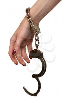 Woman restriction hend whit handcuffs, isolated on white