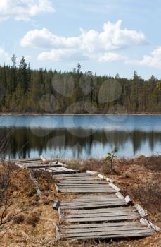 Royalty Free Photo of a Wooden Pier to a Lake