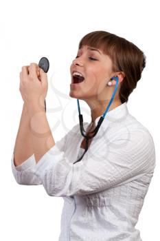 Royalty Free Photo of a Doctor Singing to Her Stethoscope