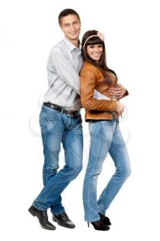 Portrait of romantic young couple hugging each other on white background