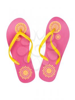 Pink summer beach shoes with a yellow pattern. Isolate on white.