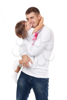 Dad kissing his little daughter, isolated on white