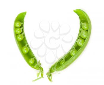 Two fresh green pea pod isolated on white background