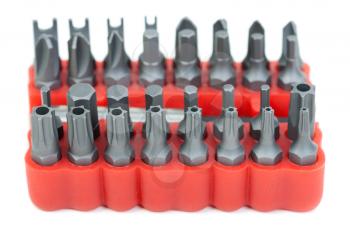 set of heads for screwdriver in red box isolated on white background
