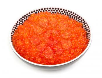 A plate full of fresh red caviar on white background