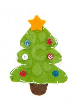 knitted green Christmas tree by hand on a white background