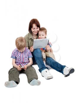 mother with two sons and Tablet Computer Isolated on white background