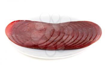 Traditional Finnish reindeer sausage on a plate in the cutting