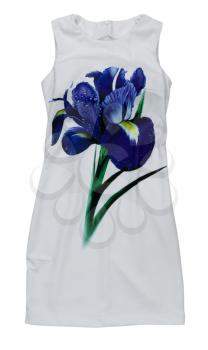 White dress with blue iris print. Isolate on white.